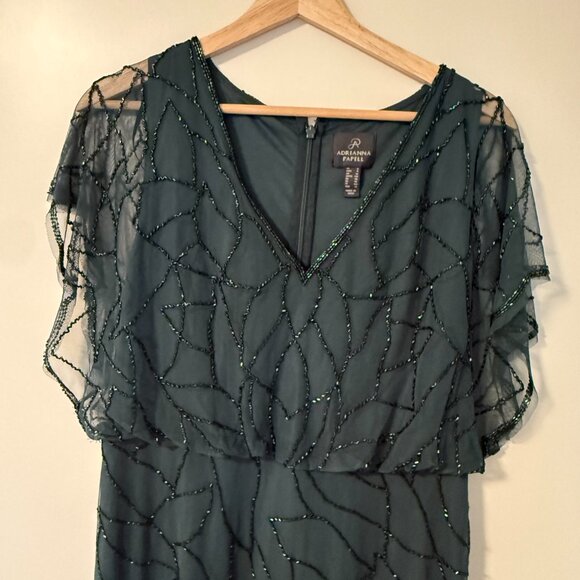 Adrianna Papell Emerald Green Beaded Blouson Sleeve Evening Gown Maxi Dress - Picture 5 of 12